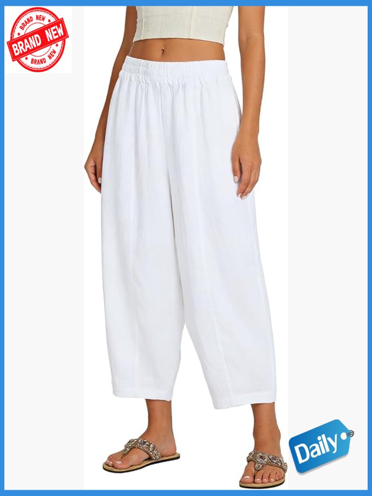 100% Linen Ankle Pants Elastic Waist Wide Leg Cropped Pockets
